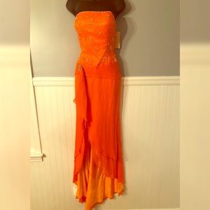 Orange silk gown prom side slit New exotic